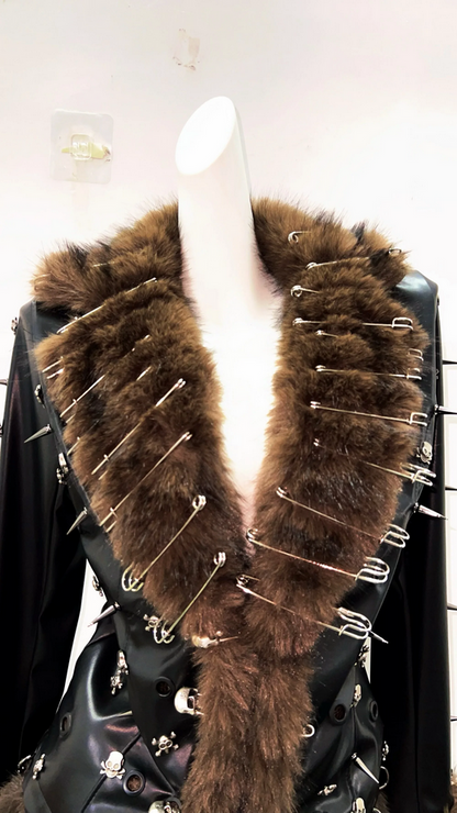 Gothic Punk Faux Fur Studded Black Skull Leather Coat