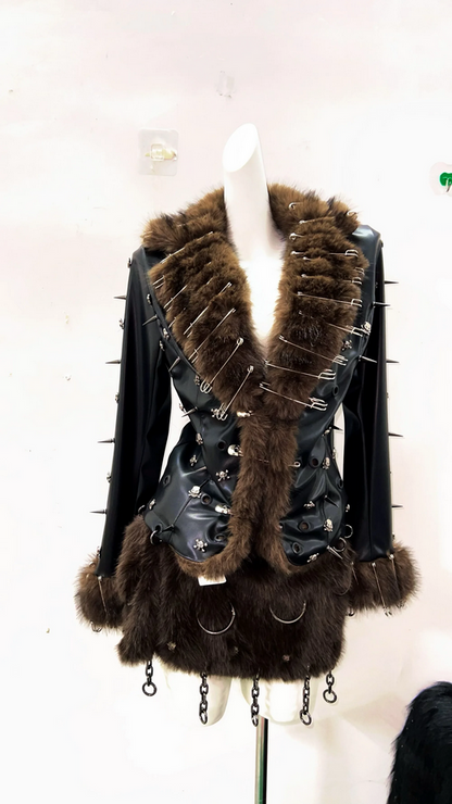 Gothic Punk Faux Fur Studded Black Skull Leather Coat