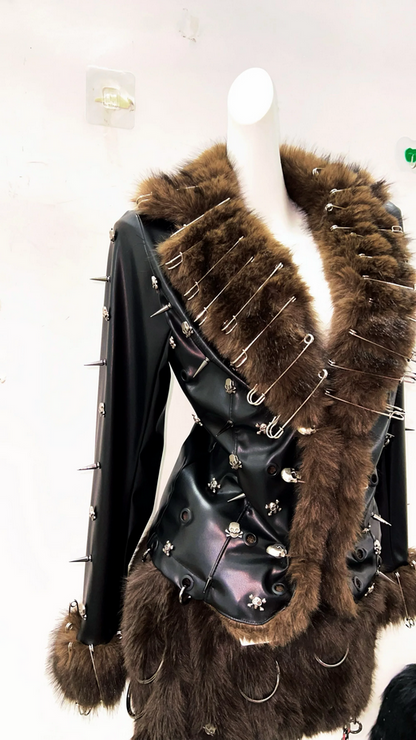 Gothic Punk Faux Fur Studded Black Skull Leather Coat