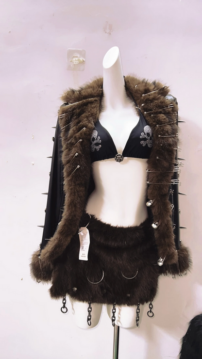 Gothic Punk Faux Fur Studded Black Skull Leather Coat