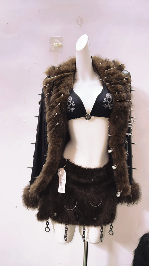 Gothic Punk Faux Fur Studded Black Skull Leather Coat