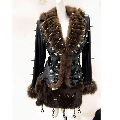 Gothic Punk Faux Fur Studded Black Skull Leather Coat