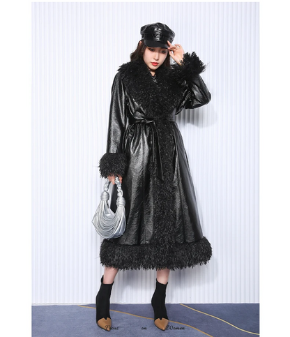 Autumn Winter Long Black Quilted Leather Coat for Women