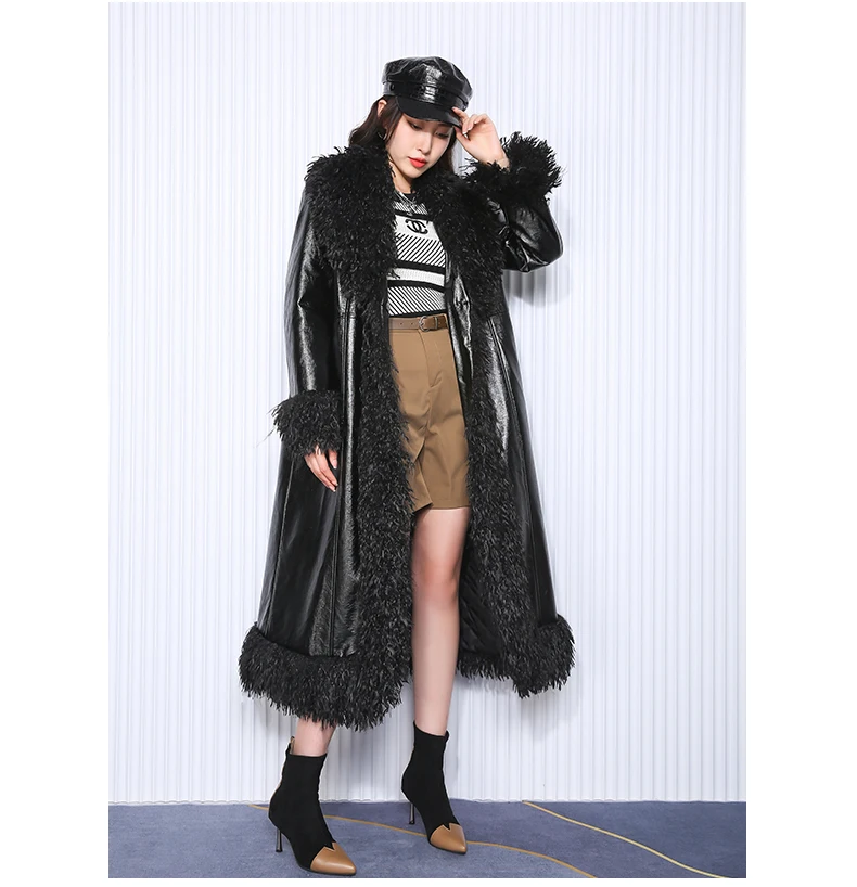 Autumn Winter Long Black Quilted Leather Coat for Women