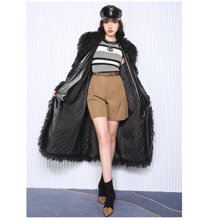 Autumn Winter Long Black Quilted Leather Coat for Women