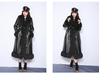 Autumn Winter Long Black Quilted Leather Coat for Women