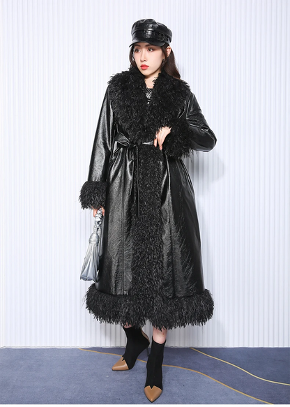 Autumn Winter Long Black Quilted Leather Coat for Women