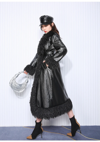 Autumn Winter Long Black Quilted Leather Coat for Women
