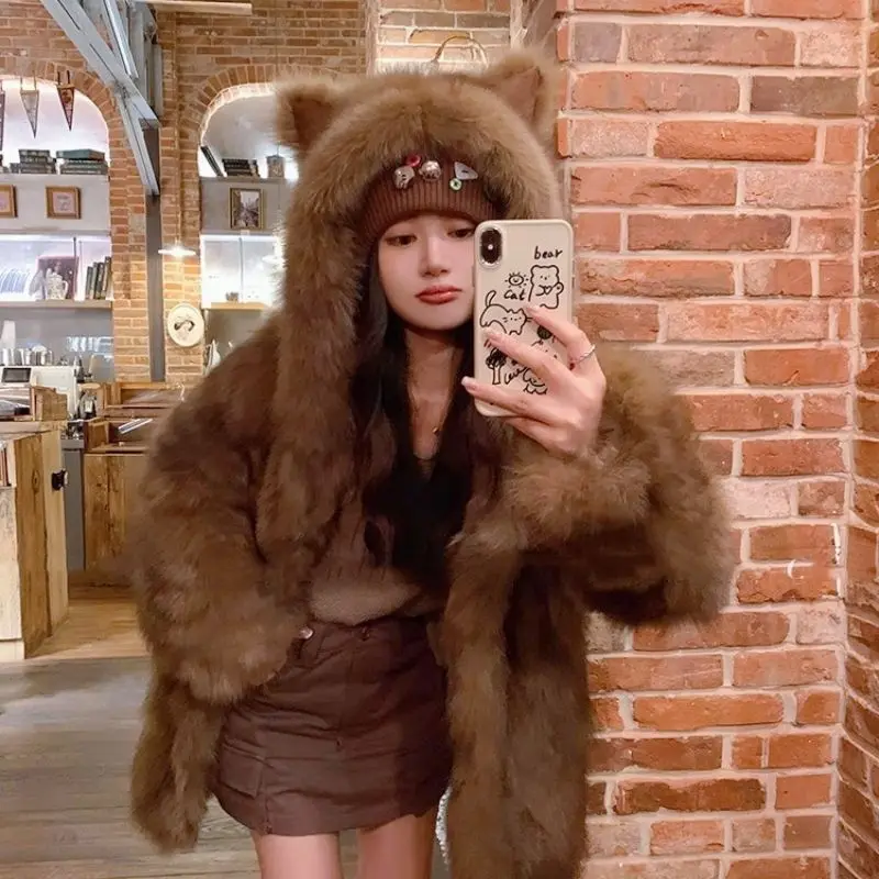 Winter Faux Fur Coat for Women Cute Cat Ear Hooded Jacket