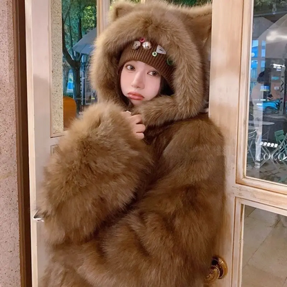 Winter Faux Fur Coat for Women Cute Cat Ear Hooded Jacket