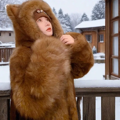 Winter Faux Fur Coat for Women Cute Cat Ear Hooded Jacket