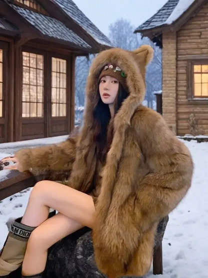 Winter Faux Fur Coat for Women Cute Cat Ear Hooded Jacket