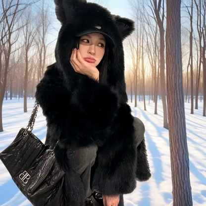 Winter Faux Fur Coat for Women Cute Cat Ear Hooded Jacket
