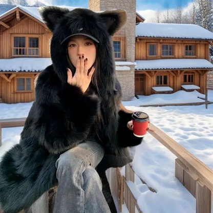 Winter Faux Fur Coat for Women Cute Cat Ear Hooded Jacket