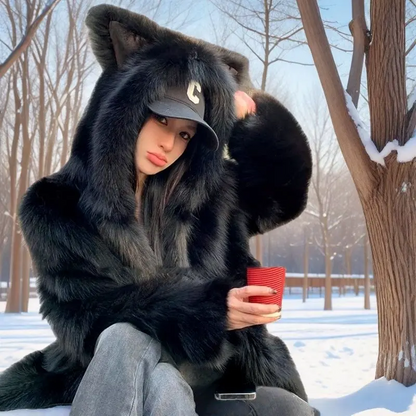 Winter Faux Fur Coat for Women Cute Cat Ear Hooded Jacket