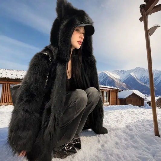 Winter Faux Fur Coat for Women Cute Cat Ear Hooded Jacket