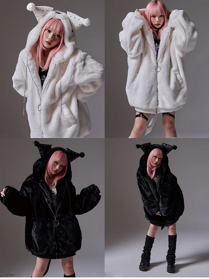 Fluffy Kawaii Faux Fur Hoodie Oversized White Winter Coat