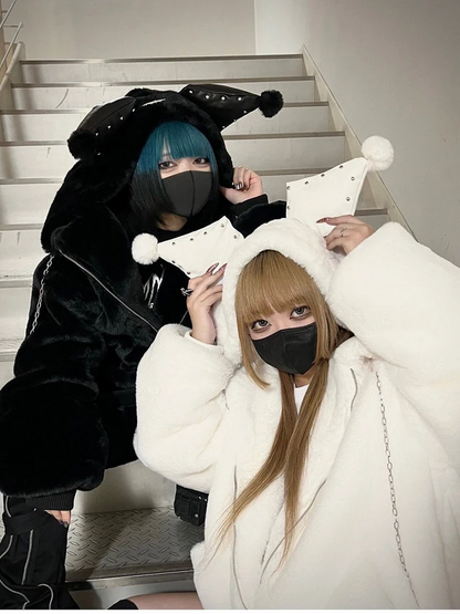 Fluffy Kawaii Faux Fur Hoodie Oversized White Winter Coat