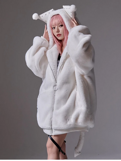 Fluffy Kawaii Faux Fur Hoodie Oversized White Winter Coat