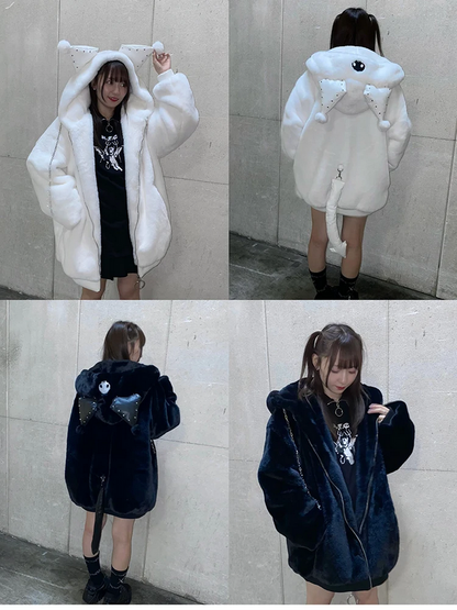 Fluffy Kawaii Faux Fur Hoodie Oversized White Winter Coat
