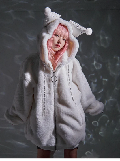 Fluffy Kawaii Faux Fur Hoodie Oversized White Winter Coat