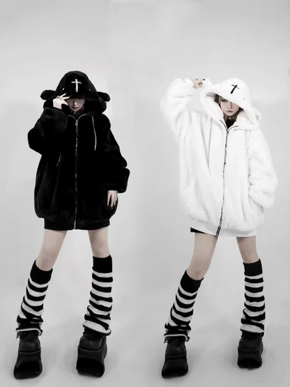 Harajuku Kawaii Oversized Faux Fur Hoodie Warm Thick Winter Jacket