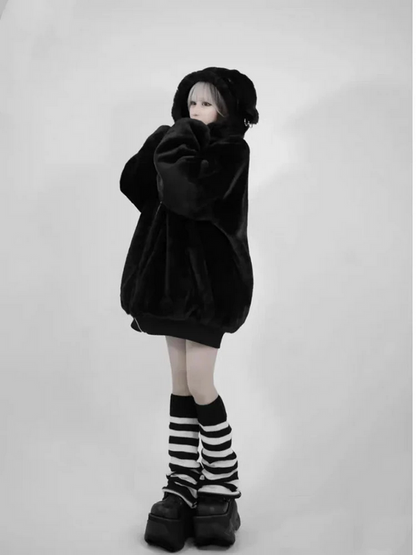 Harajuku Kawaii Oversized Faux Fur Hoodie Warm Thick Winter Jacket