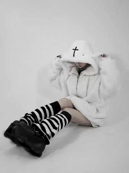 Harajuku Kawaii Oversized Faux Fur Hoodie Warm Thick Winter Jacket