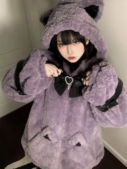 Japanese Kawaii Cat Ears Jacket  Oversized Furry Hooded Warm Coat