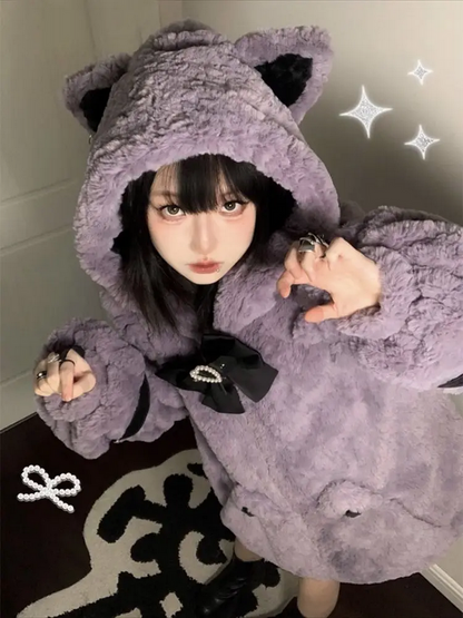 Japanese Kawaii Cat Ears Jacket  Oversized Furry Hooded Warm Coat