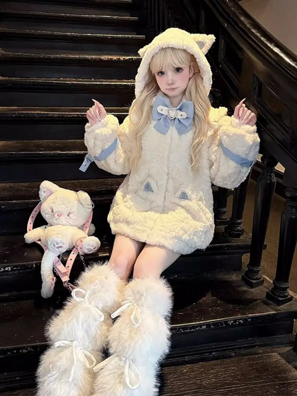 Japanese Kawaii Cat Ears Jacket  Oversized Furry Hooded Warm Coat