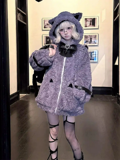 Japanese Kawaii Cat Ears Jacket  Oversized Furry Hooded Warm Coat