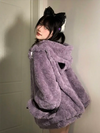 Japanese Kawaii Cat Ears Jacket  Oversized Furry Hooded Warm Coat