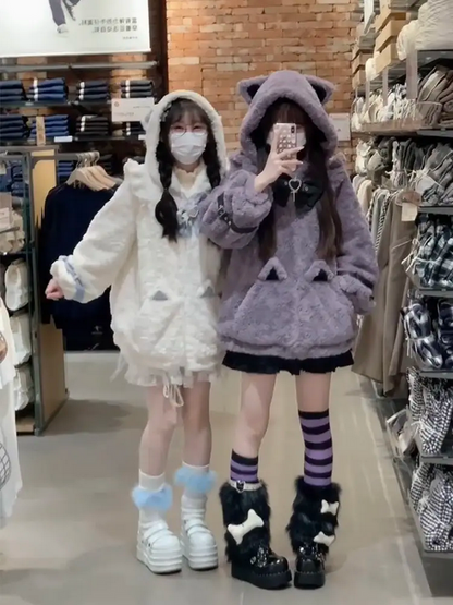 Japanese Kawaii Cat Ears Jacket  Oversized Furry Hooded Warm Coat