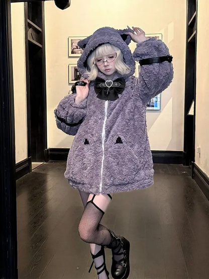 Japanese Kawaii Cat Ears Jacket  Oversized Furry Hooded Warm Coat