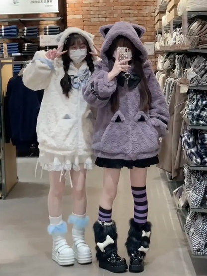 Japanese Kawaii Cat Ears Jacket  Oversized Furry Hooded Warm Coat