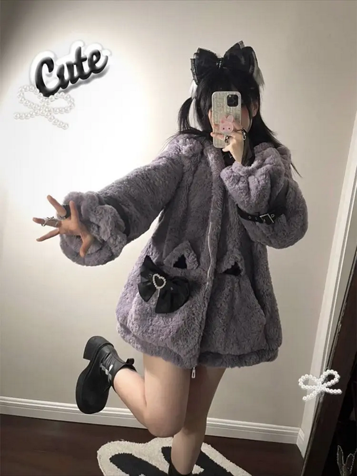 Japanese Kawaii Cat Ears Jacket  Oversized Furry Hooded Warm Coat