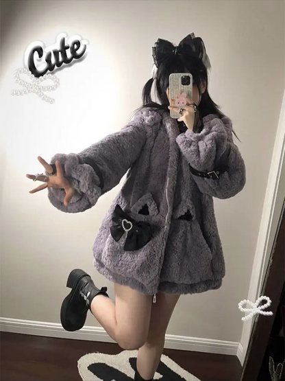 Japanese Kawaii Cat Ears Jacket  Oversized Furry Hooded Warm Coat