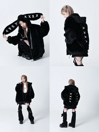 Winter Thick Warm Fluffy Hoodie – Soft White Faux Fur Bunny Ear Coat