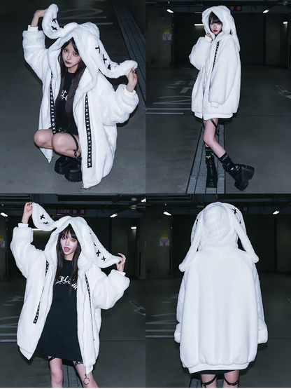 Winter Thick Warm Fluffy Hoodie – Soft White Faux Fur Bunny Ear Coat