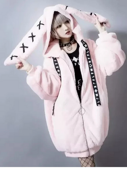 Winter Thick Warm Fluffy Hoodie – Soft White Faux Fur Bunny Ear Coat