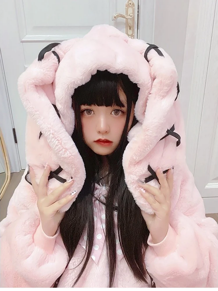 Winter Thick Warm Fluffy Hoodie – Soft White Faux Fur Bunny Ear Coat
