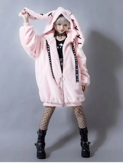 Winter Thick Warm Fluffy Hoodie – Soft White Faux Fur Bunny Ear Coat