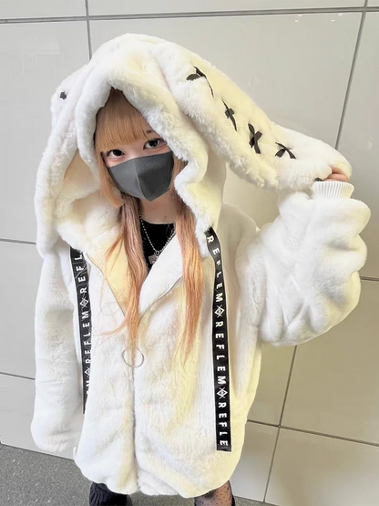 Winter Thick Warm Fluffy Hoodie – Soft White Faux Fur Bunny Ear Coat