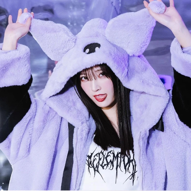 Kawaii Color Block Oversized Bunny Ear Hoodie Winter Jacket