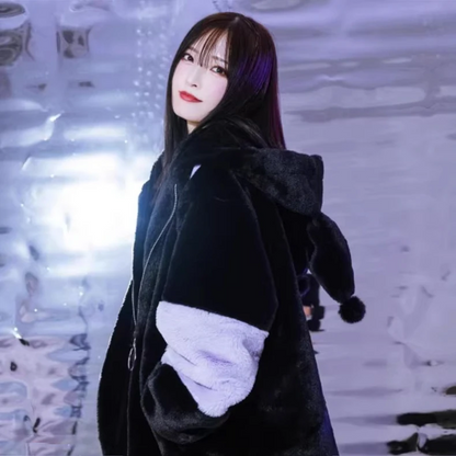 Kawaii Color Block Oversized Bunny Ear Hoodie Winter Jacket