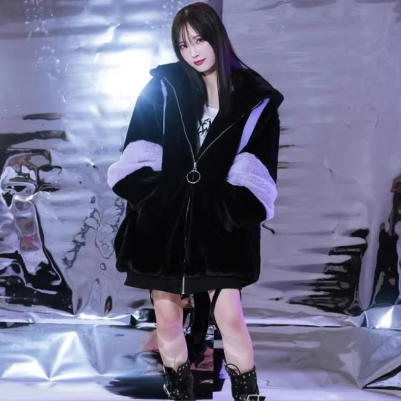 Kawaii Color Block Oversized Bunny Ear Hoodie Winter Jacket