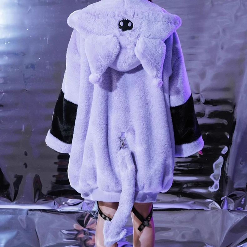 Kawaii Color Block Oversized Bunny Ear Hoodie Winter Jacket