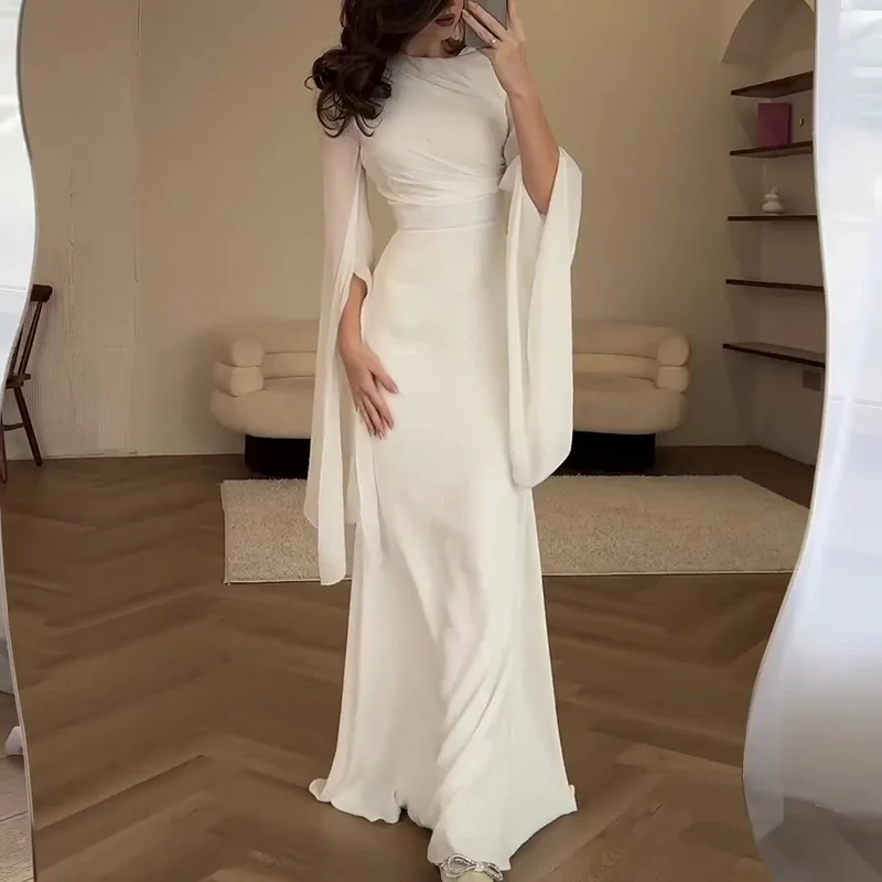 Ladies Satin Formal Dress Batwing Sleeve Slim Fit Evening Gown