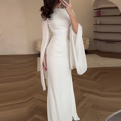 Ladies Satin Formal Dress Batwing Sleeve Slim Fit Evening Gown